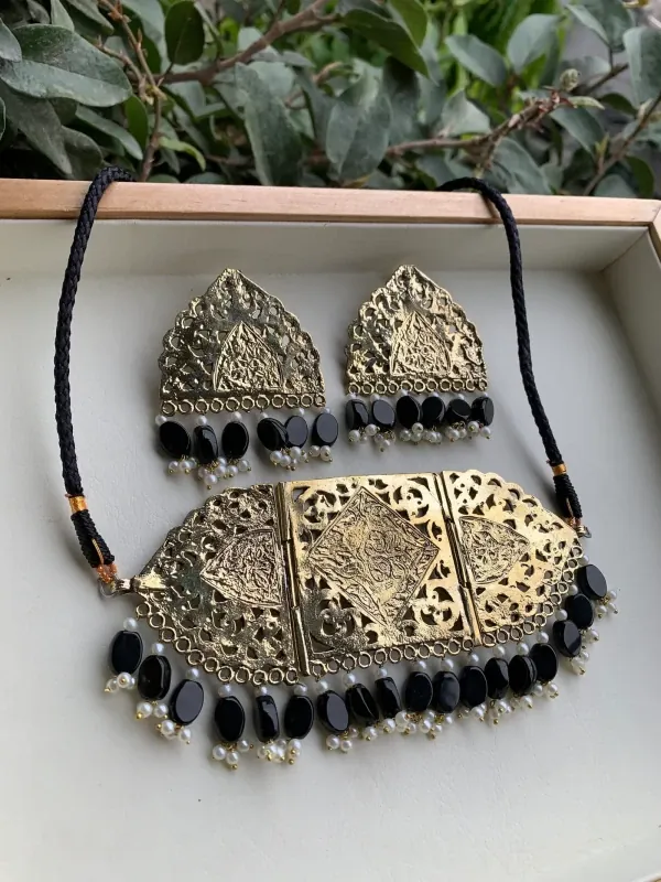 Antique gold Afghani choker set with black beads and matching earrings